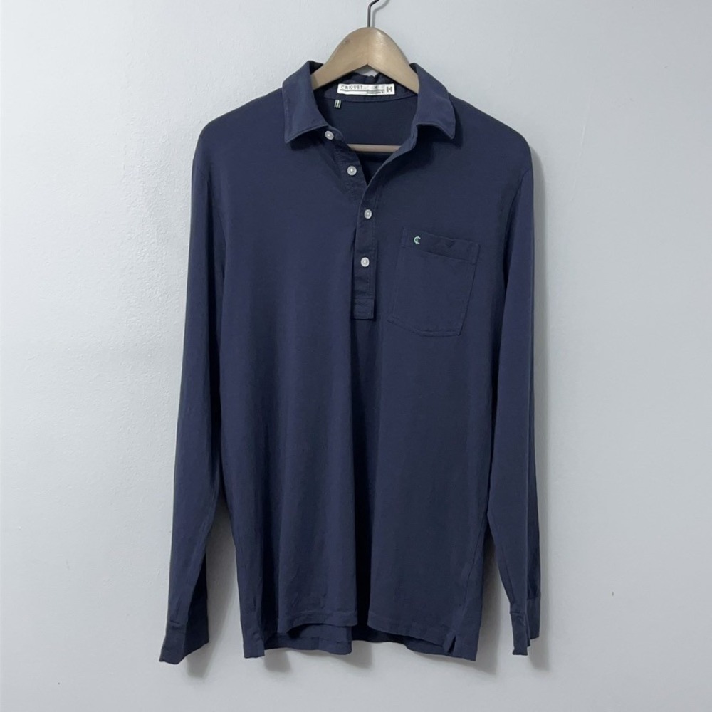 Criquet Long Sleeve Polo Shirt Men Medium Blue Stretch Pima Cotton Pocket